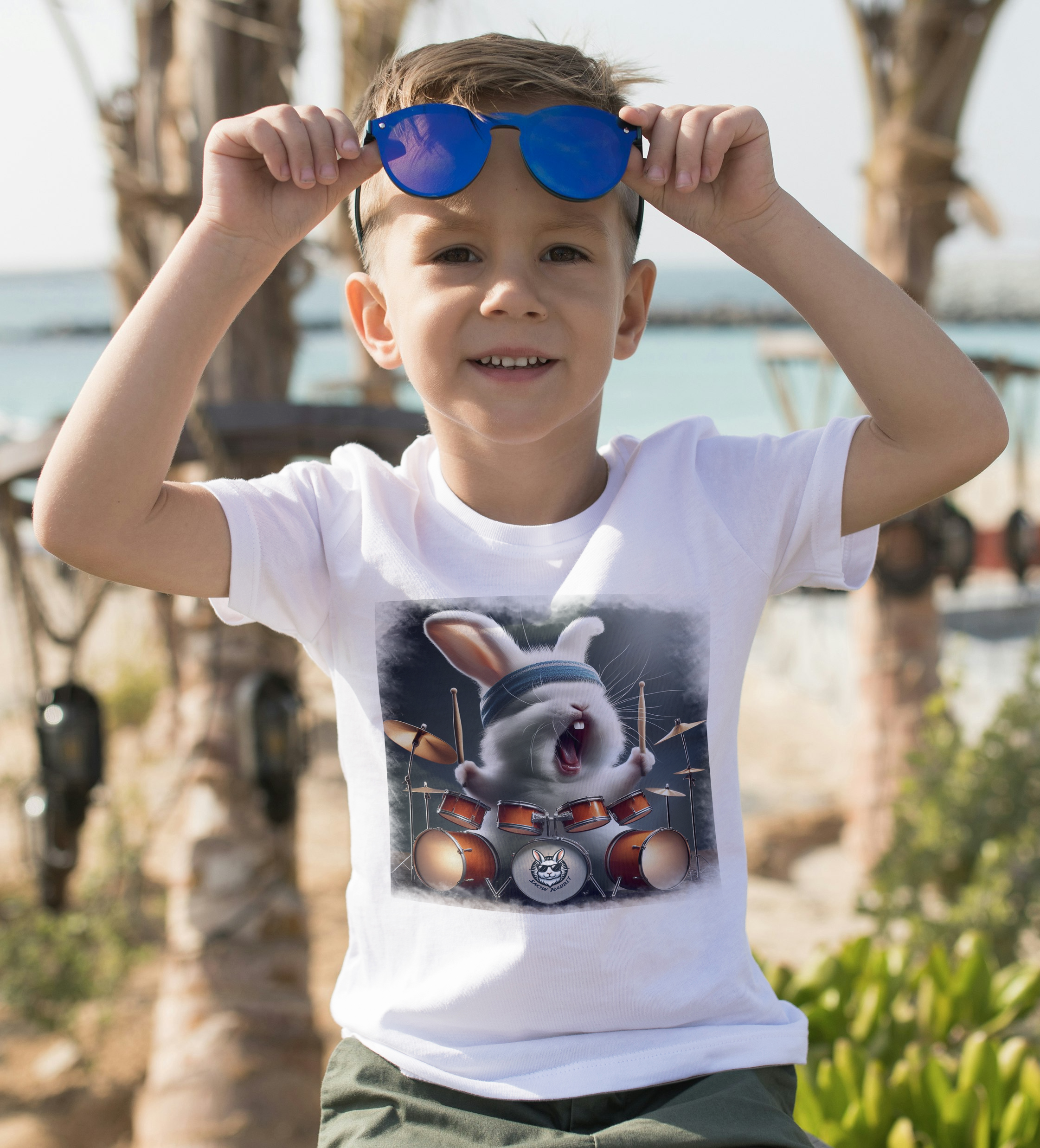 Snow rabbit Baterista- Camiseta Clássica Infantil