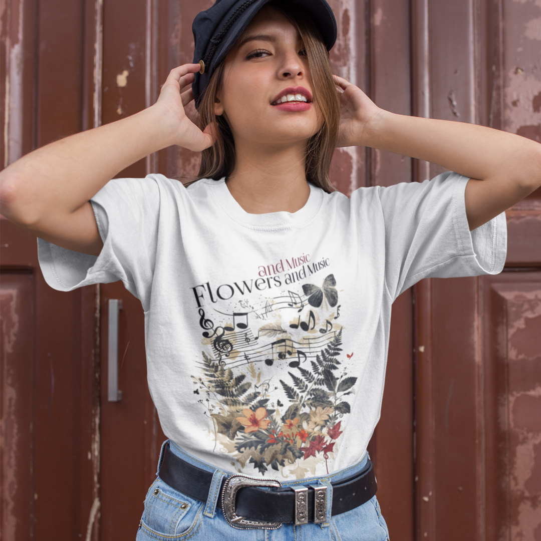 Camiseta Unissex Flowers and music