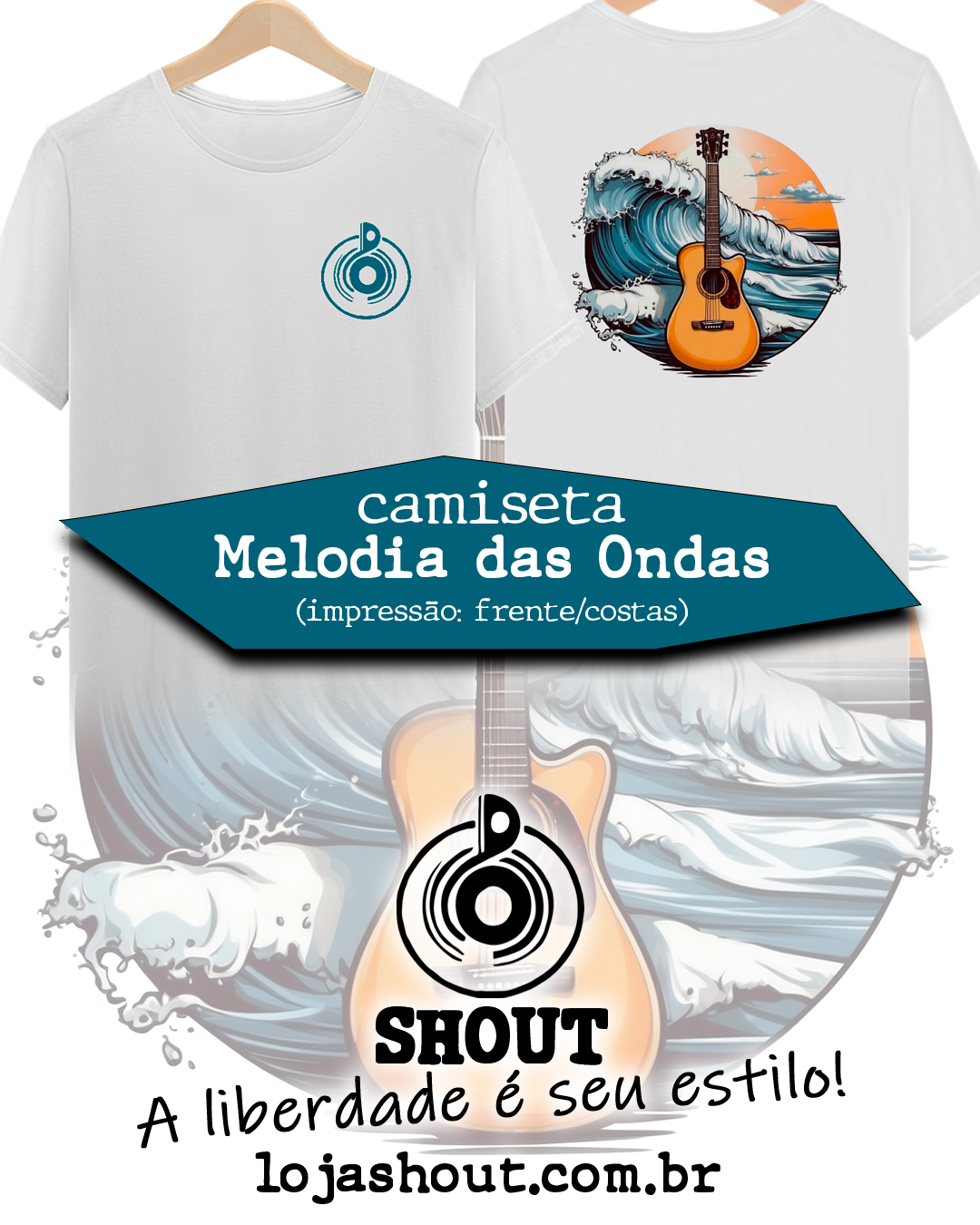 Camiseta MELODIA DAS ONDAS - imp.: frente/costas.
