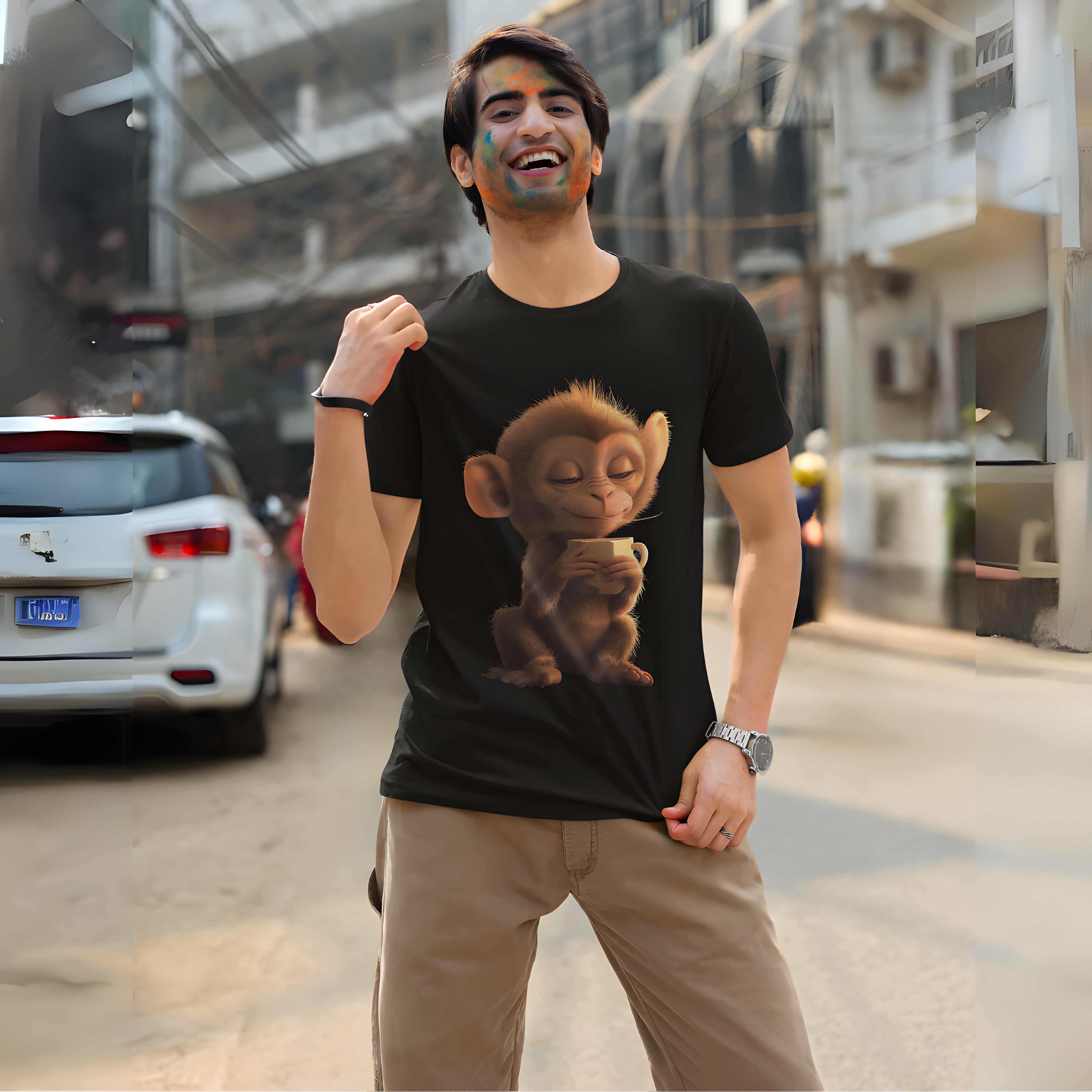 Camiseta Macaquinho em Paz Tomando Café