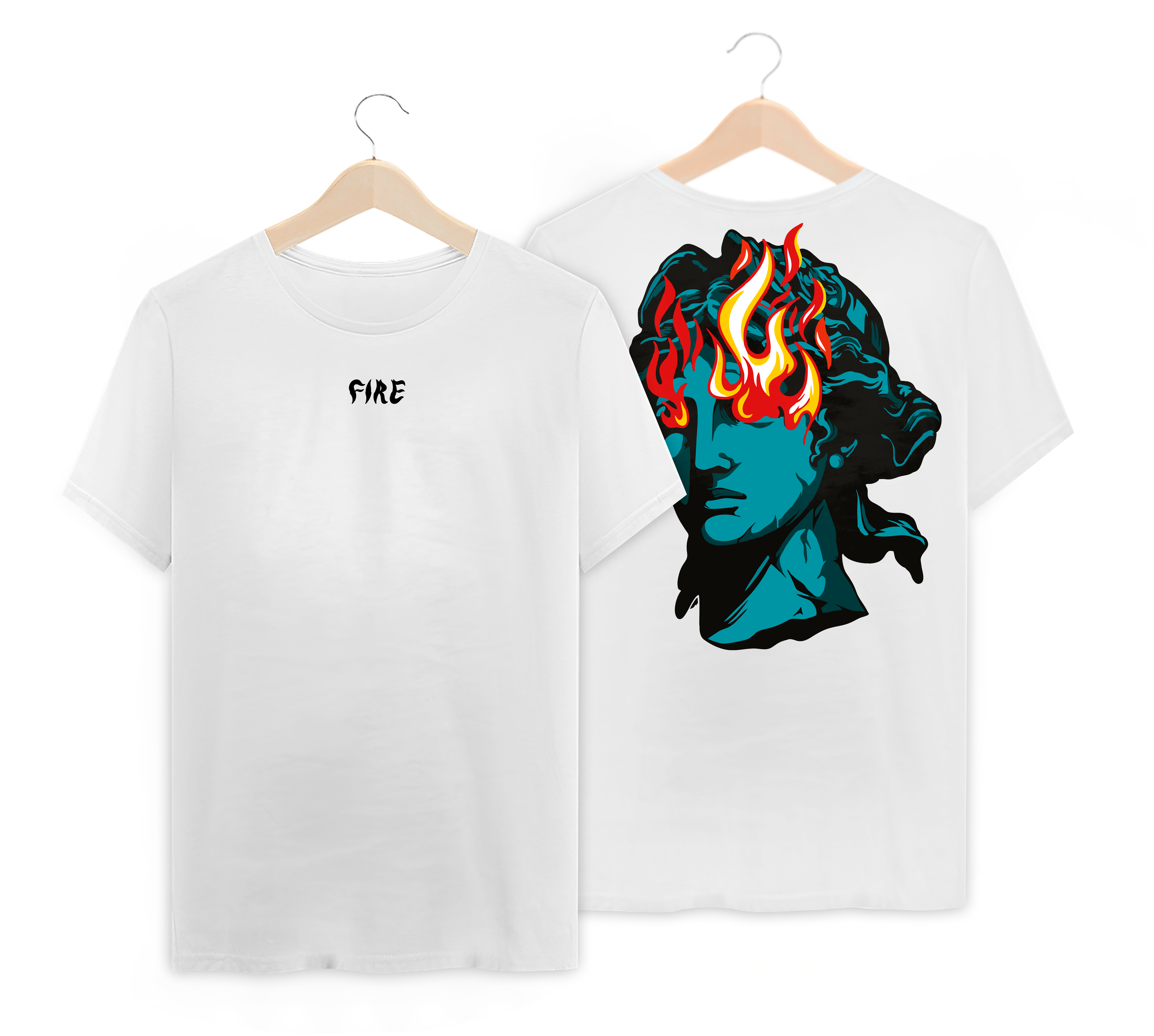 Camiseta com estampa de uma estatua com fogo saindo dos olhos