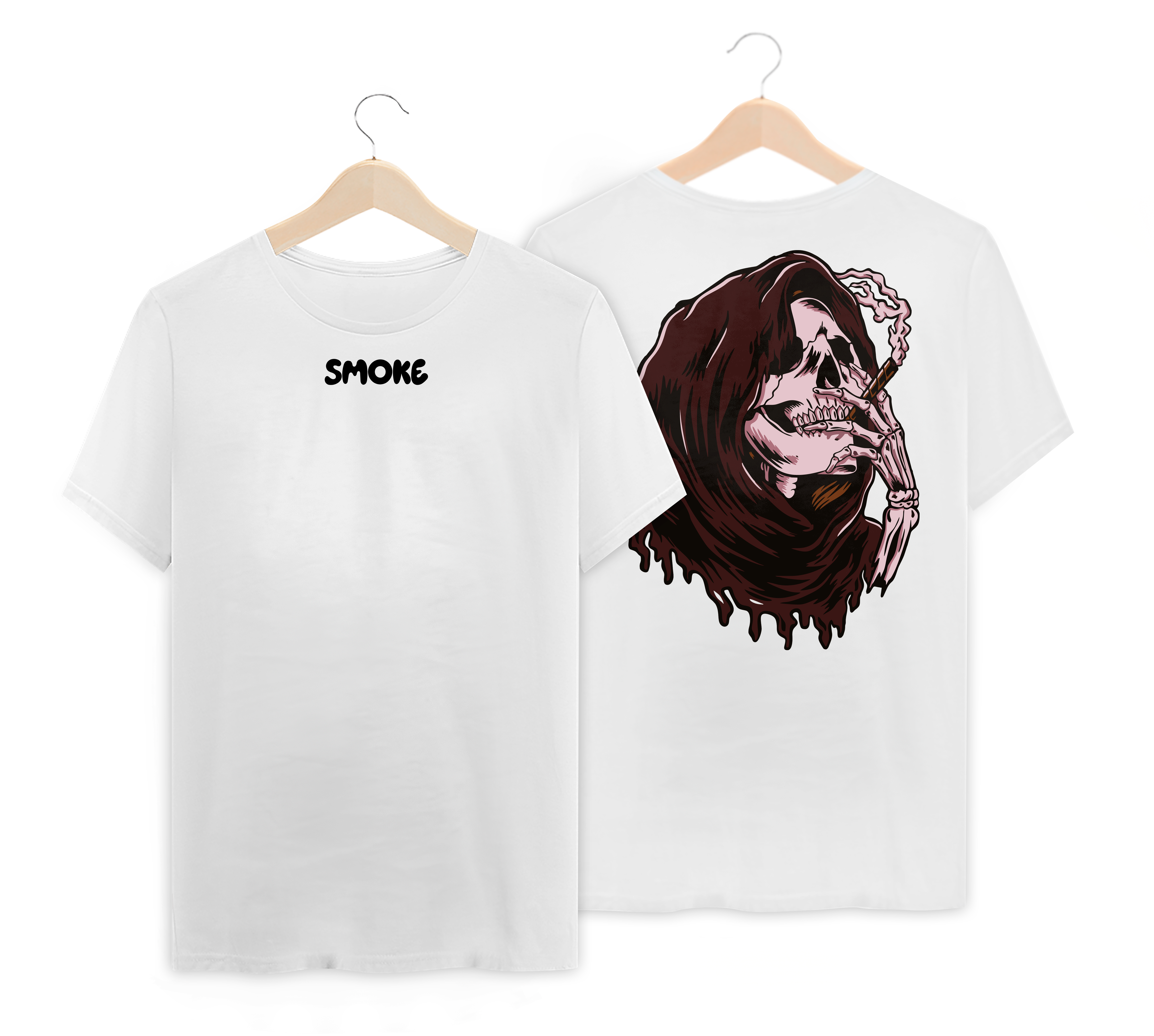 Camiseta com estampa de uma caveira fumando