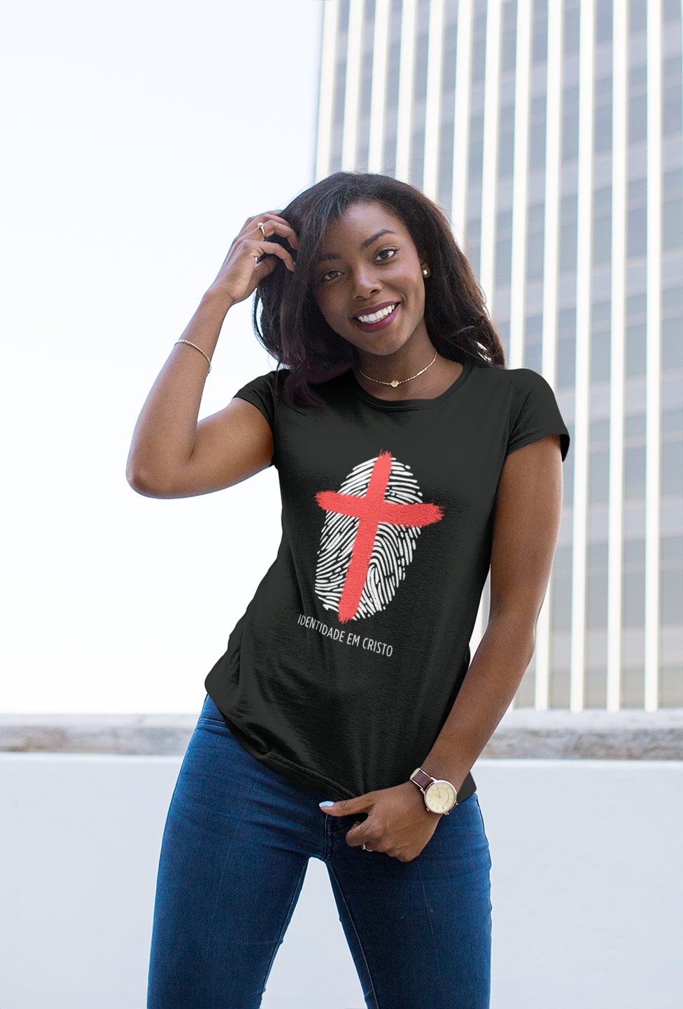 Nome do produto  Camiseta Feminina  Baby Long - Identidade em Cristo - Preto ou Azul Marinho