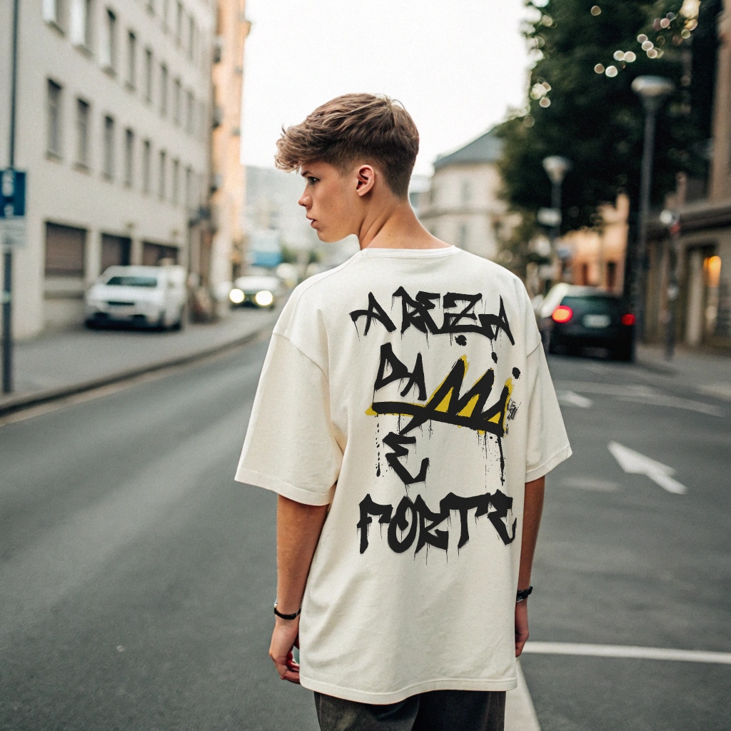 Camiseta Oversized Streetwear Estilo Grafite, Skate, Hip-Hop, Grau, Pixação - A Reza da Coroa é Forte 2.0