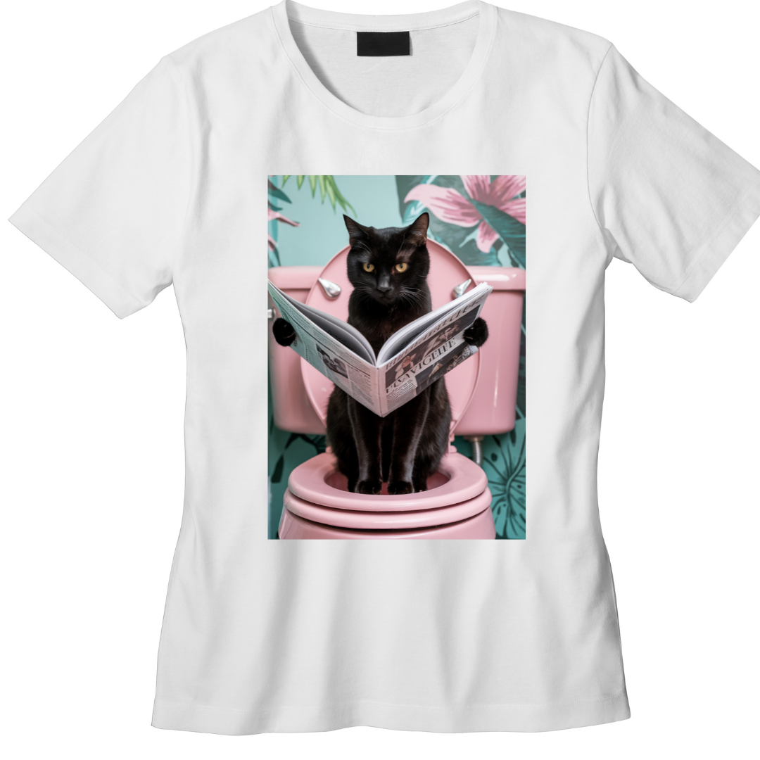Camiseta Feminina Estampada Gato Preto Lendo Jornal – Design Divertido e Exclusivo