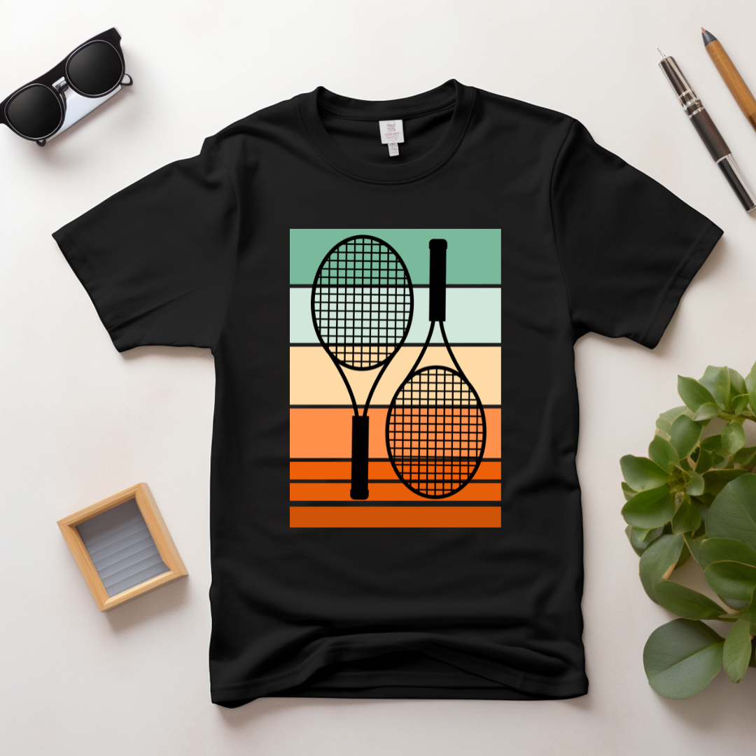  Camiseta Feminina Estampada Raquetes de Tênis - Estilo Retro