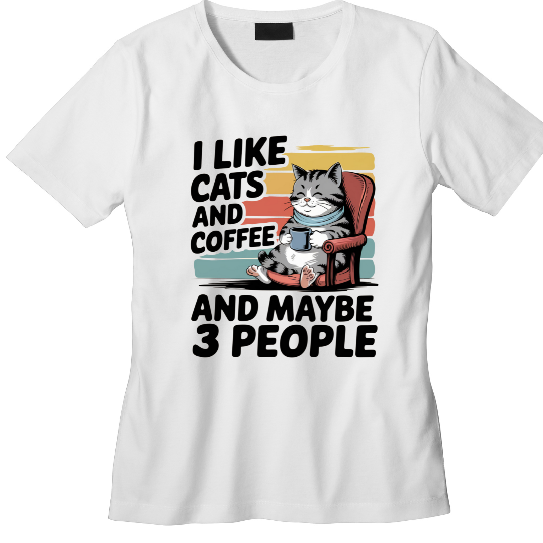 Camiseta Estampada Gato e Café – I Like Cats and Coffee and Maybe 3 People