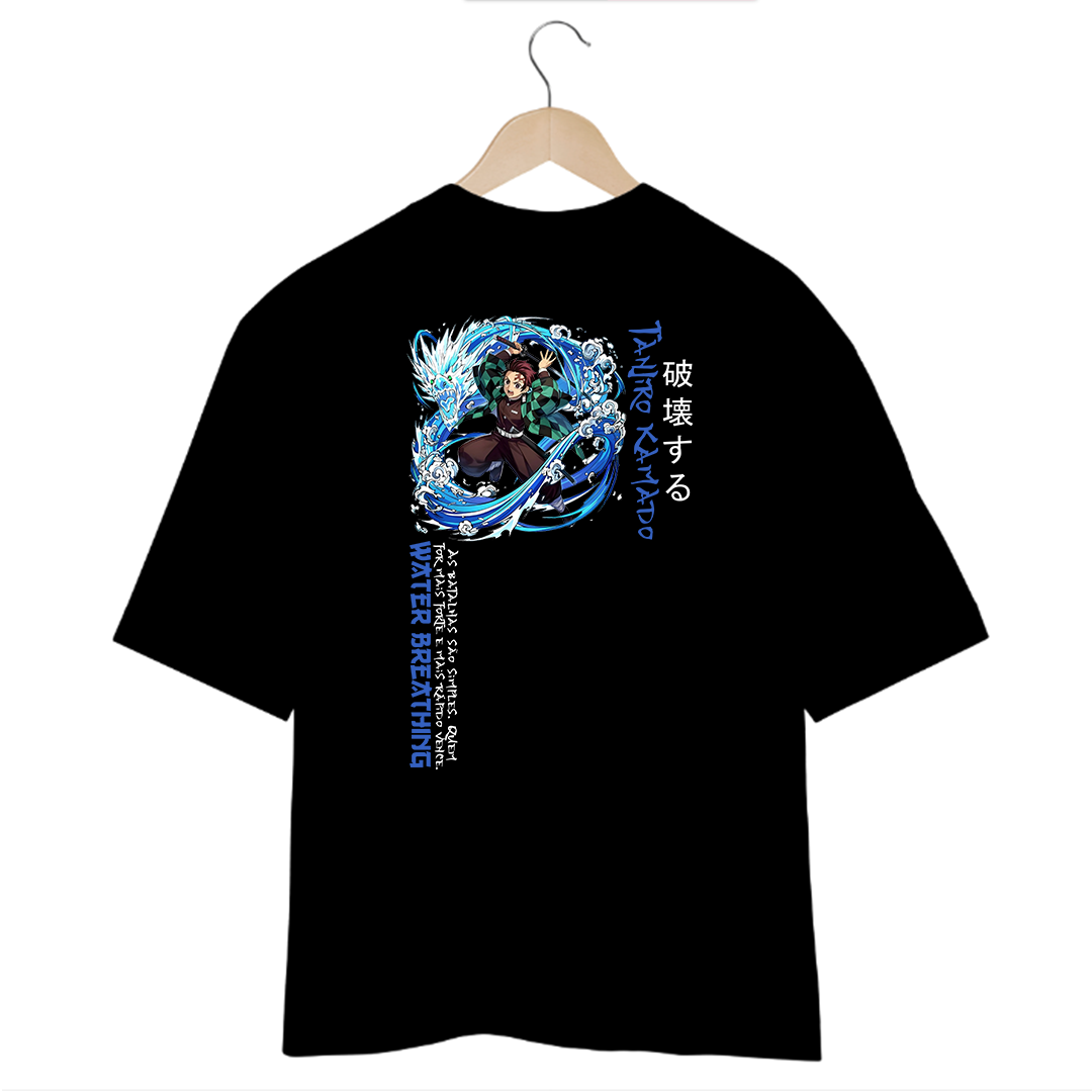 Camiseta Oversized Preta Tanjiro Kamado - Respiração da Água