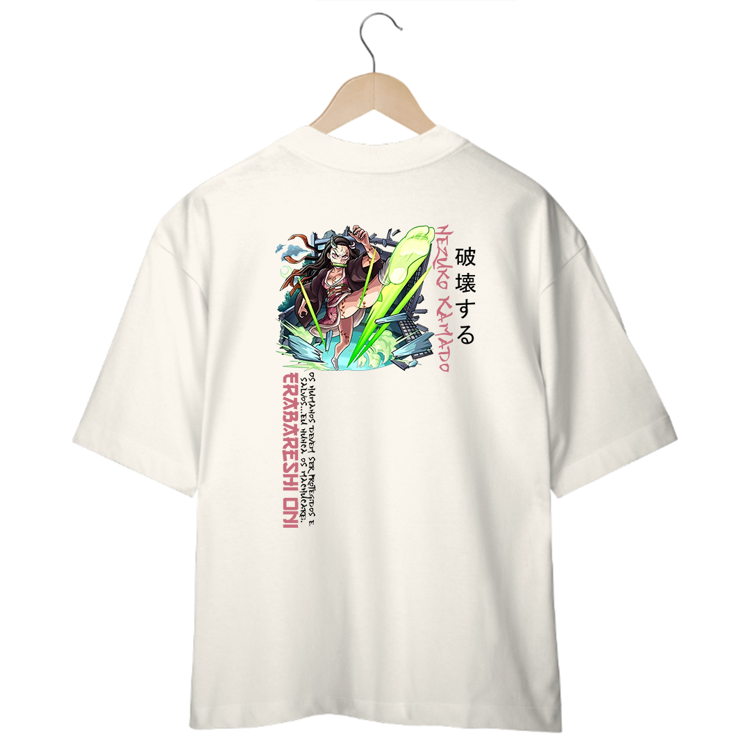 Camiseta Oversized Branca/Off-White Nezuko Kamado - Erabareshi Oni