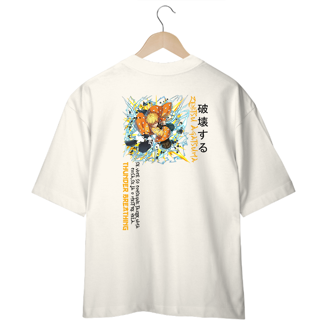 Camiseta Oversized Branca/Off-White Zenitsu Agatsuma - Respiração do Trovão