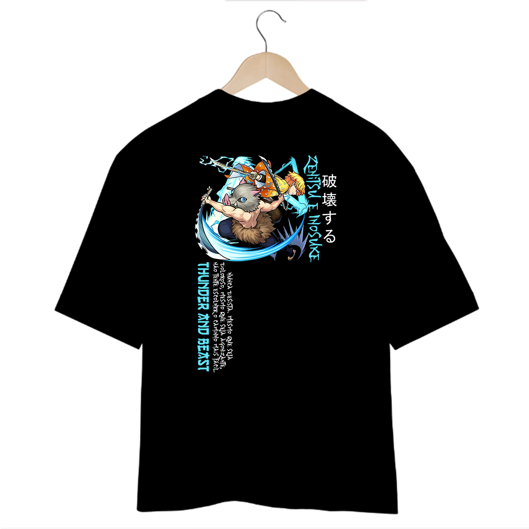 Camiseta Oversized Preta Zenitsu e Inosuke - Thunder and Beast