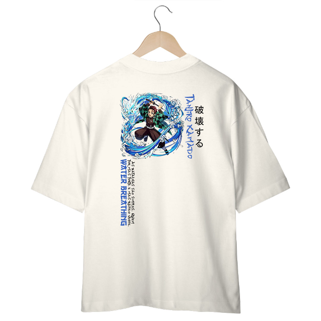 Camiseta Oversized Branca/Off-White Tanjiro Kamado - Respiração da Água