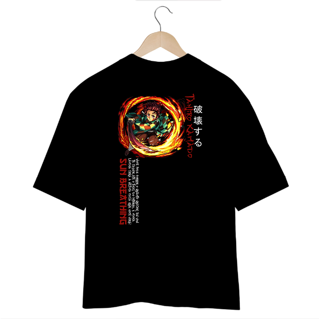 Camiseta Oversized Preta Tanjiro Kamado - Respiração do Sol