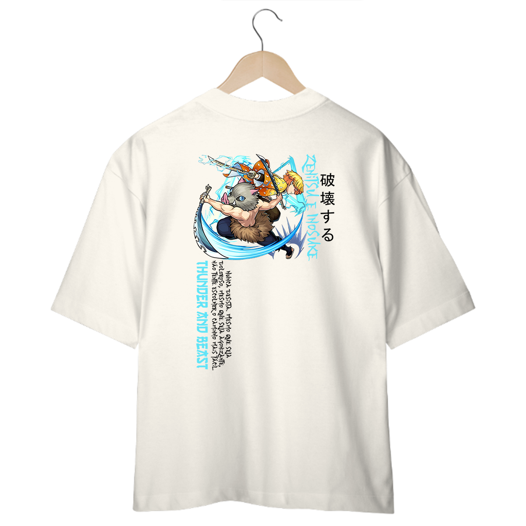 Camiseta Oversized Branca/Off-White Zenitsu e Inosuke - Thunder and Beast