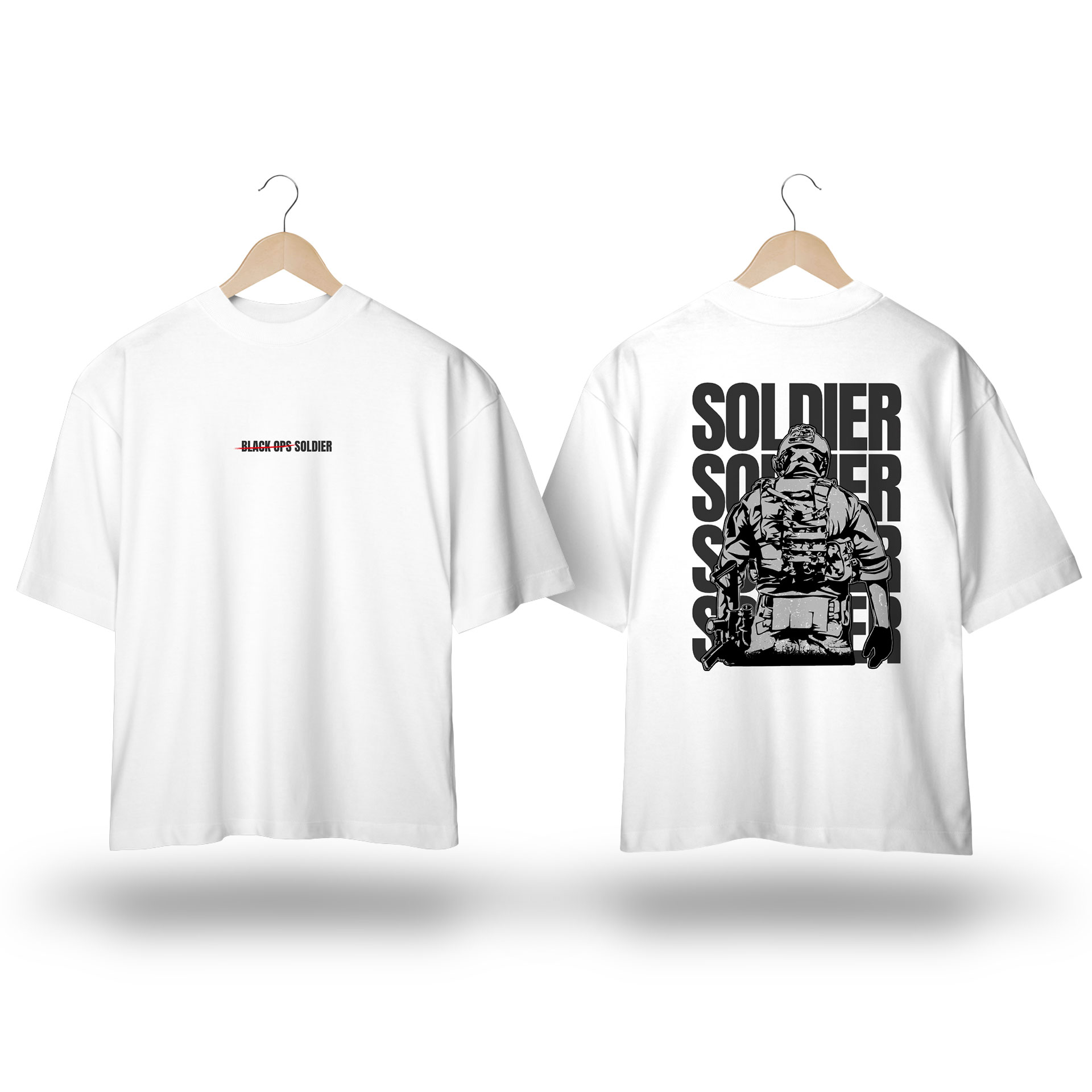 Camiseta Oversized TMS - Estampa inspirada no jogo Call of Duty com soldado de operações secretad estilizado escuro
