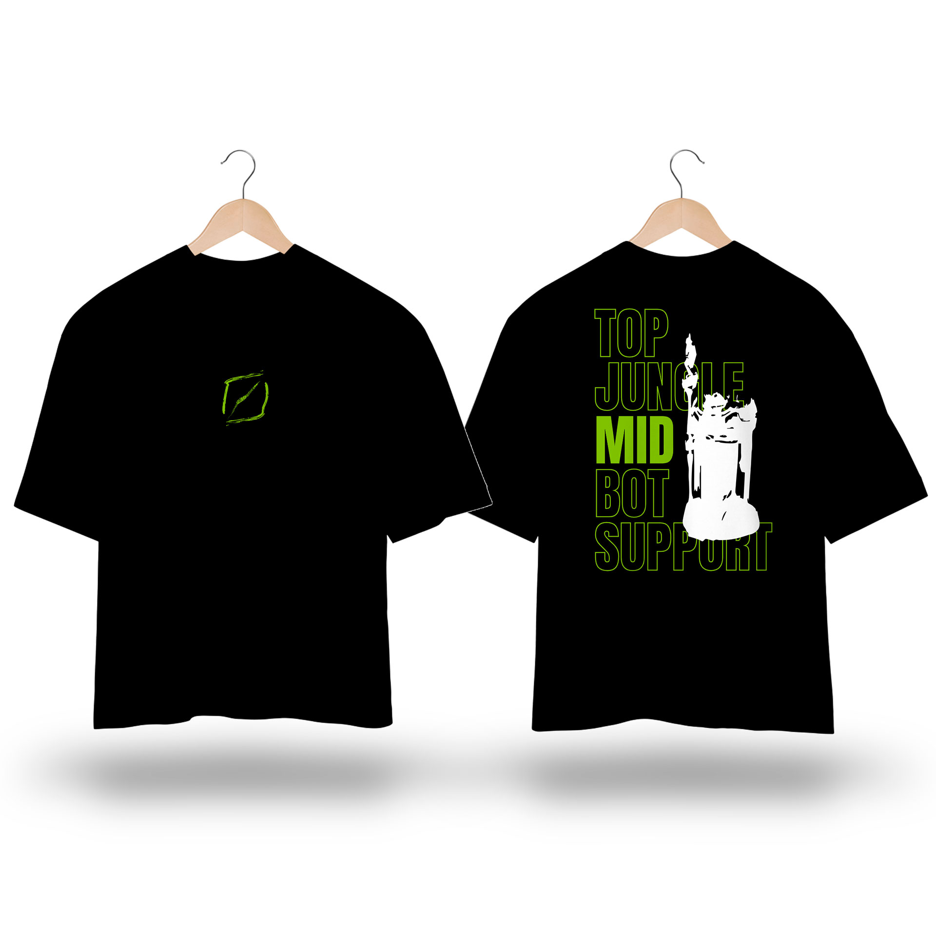 Camiseta Oversized TMS - Estampa inspirada no jogo LoL com estampa MID lane verde e branco