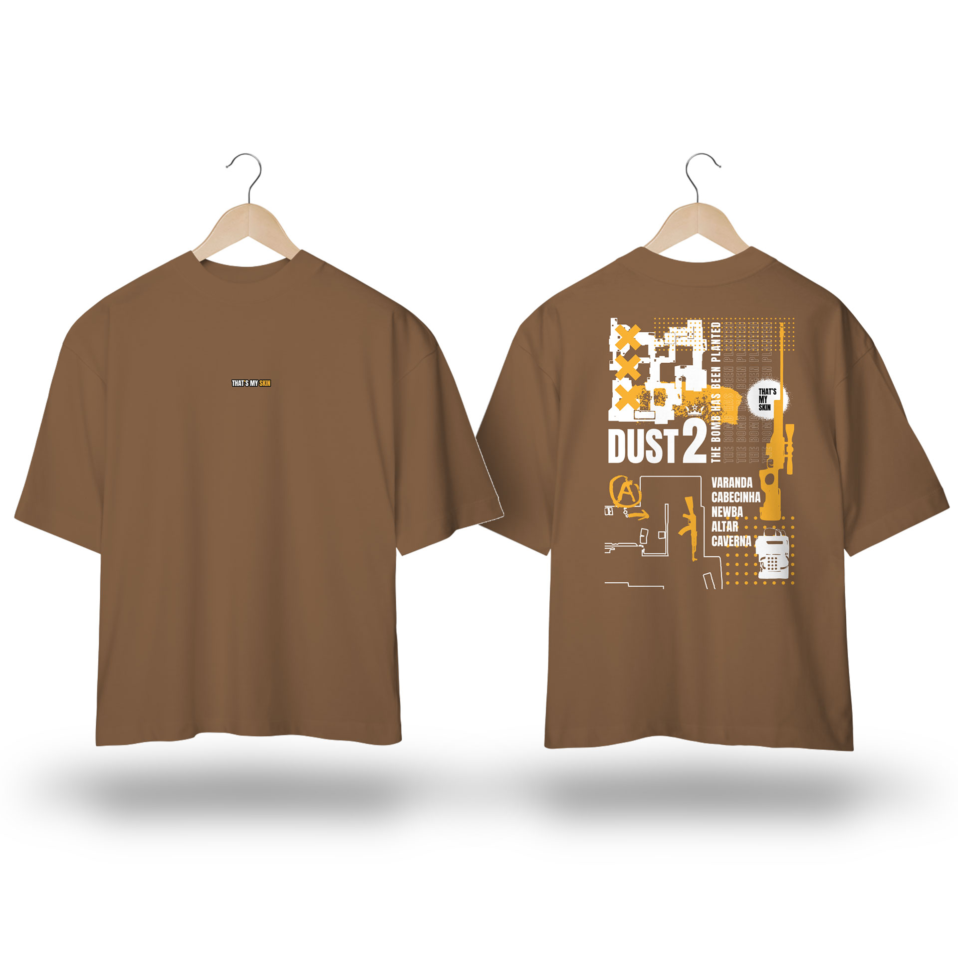 Camiseta Oversized TMS - Estampa inspirada no jogo Counter Strike com mapa Dust 2 estilizado branco