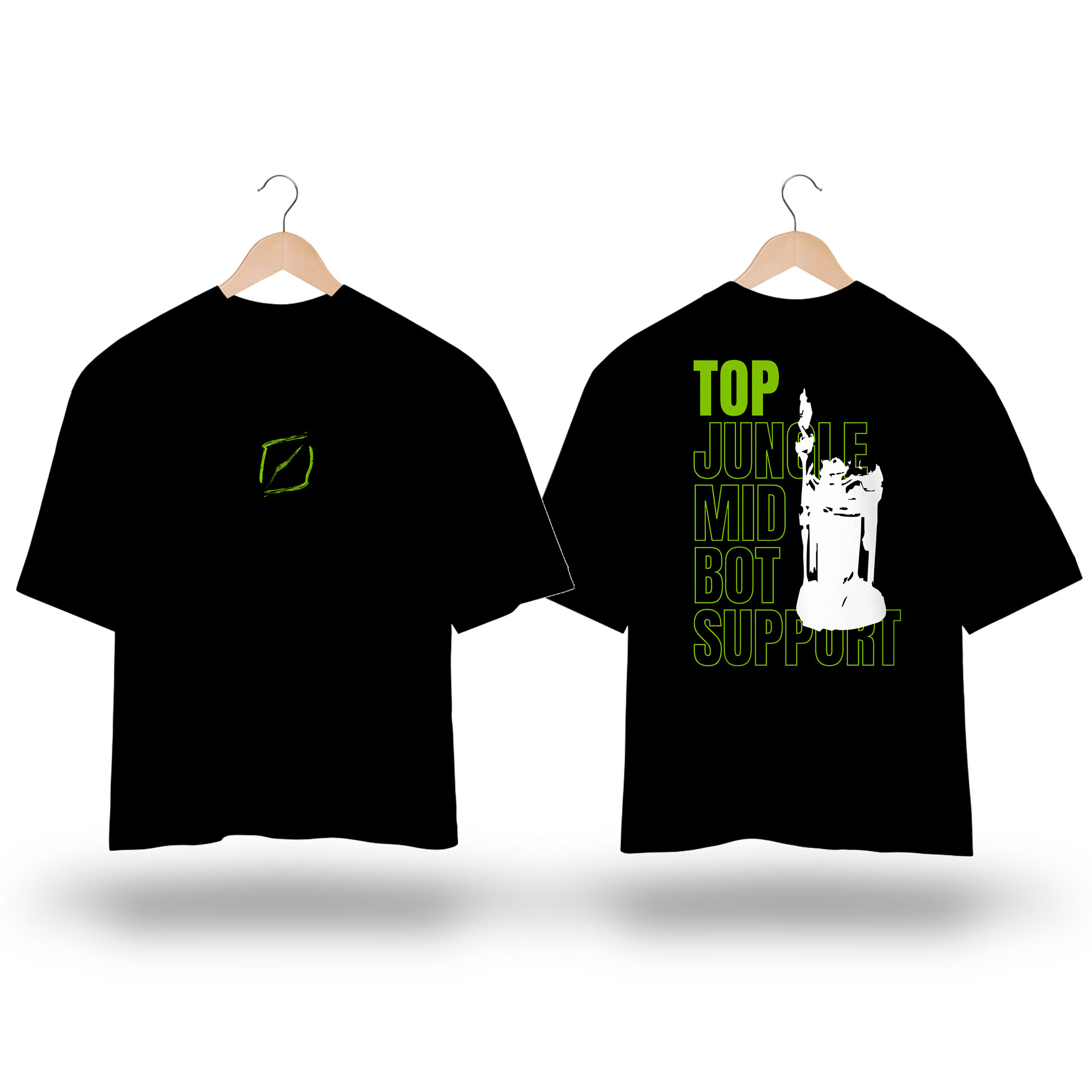 Camiseta Oversized TMS - Estampa inspirada no jogo LoL com estampa TOP lane verde e branco