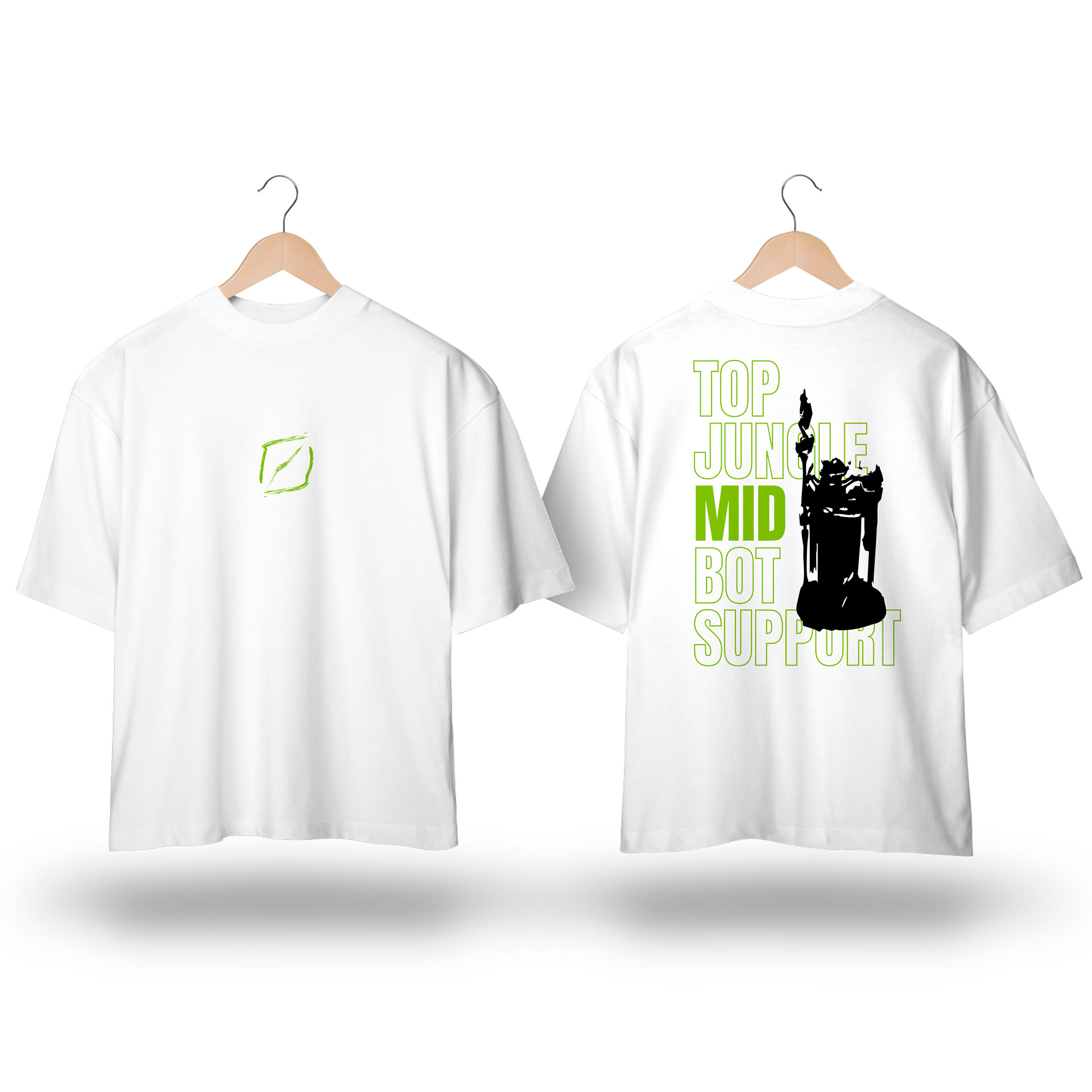 Camiseta Oversized TMS - Estampa inspirada no jogo LoL com estampa MID lane verde e preto