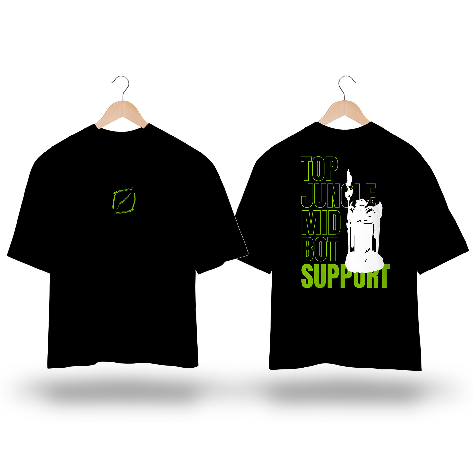 Camiseta Oversized TMS - Estampa inspirada no jogo LoL com estampa SUPPORT lane verde e branco