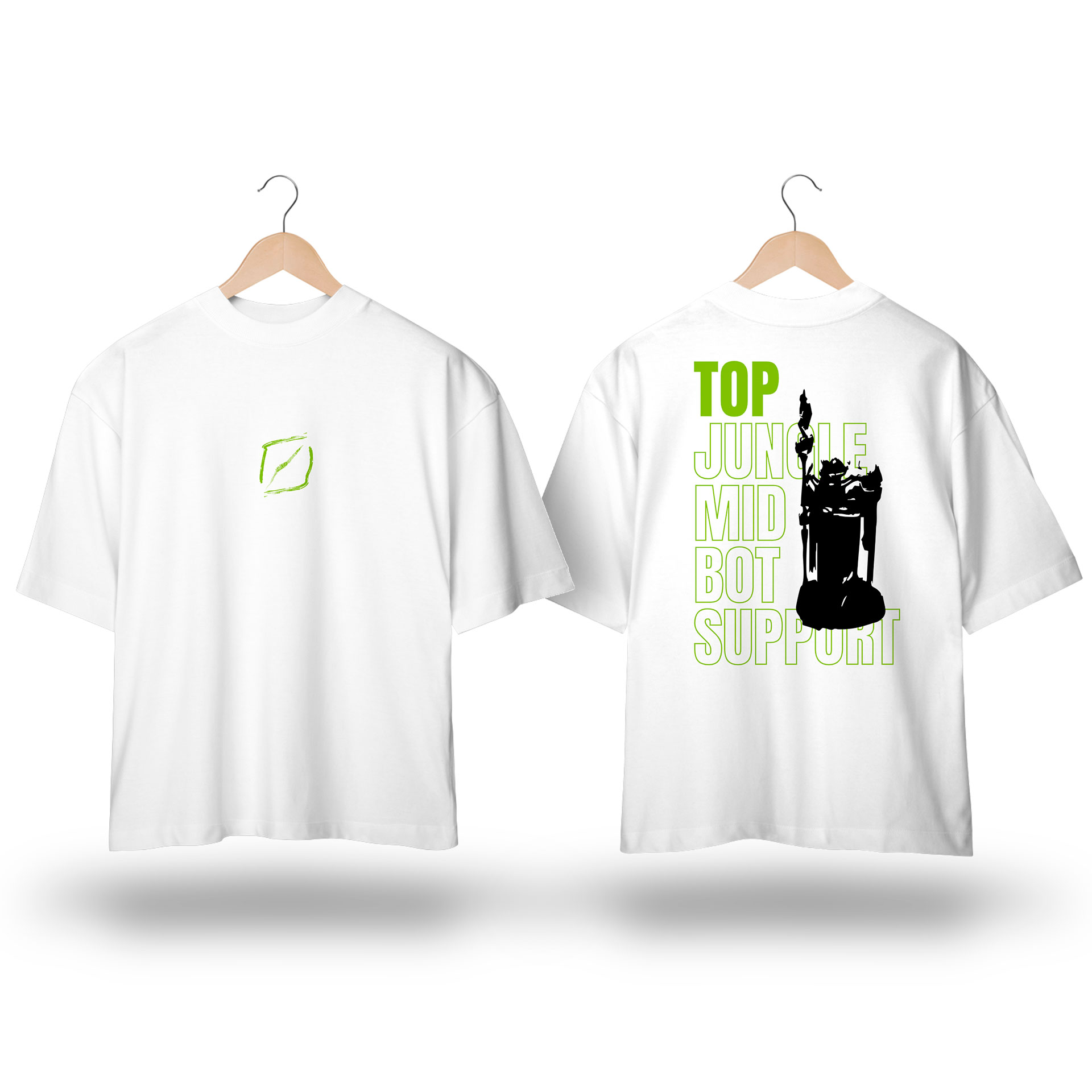 Camiseta Oversized TMS - Estampa inspirada no jogo LoL com estampa TOP lane verde e preto