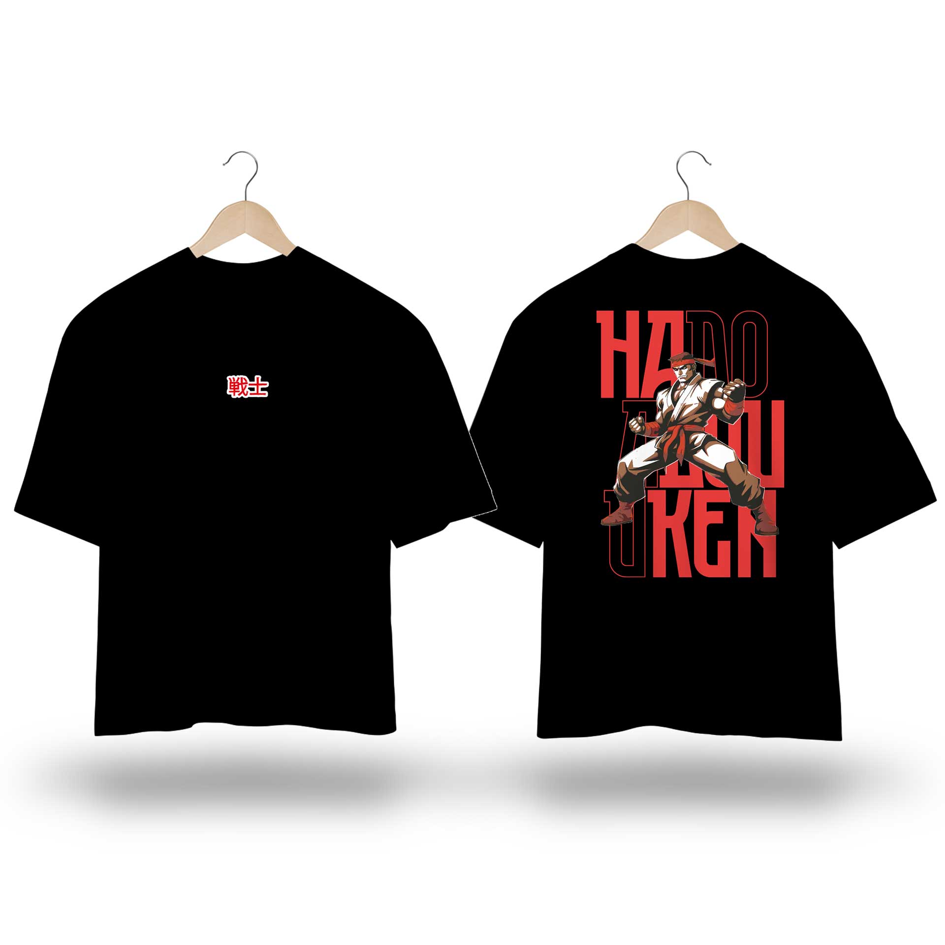 Camiseta Oversized TMS - Estampa inspirada no jogo Street Fighter com Lutador e escritas em Branco e Vermelho