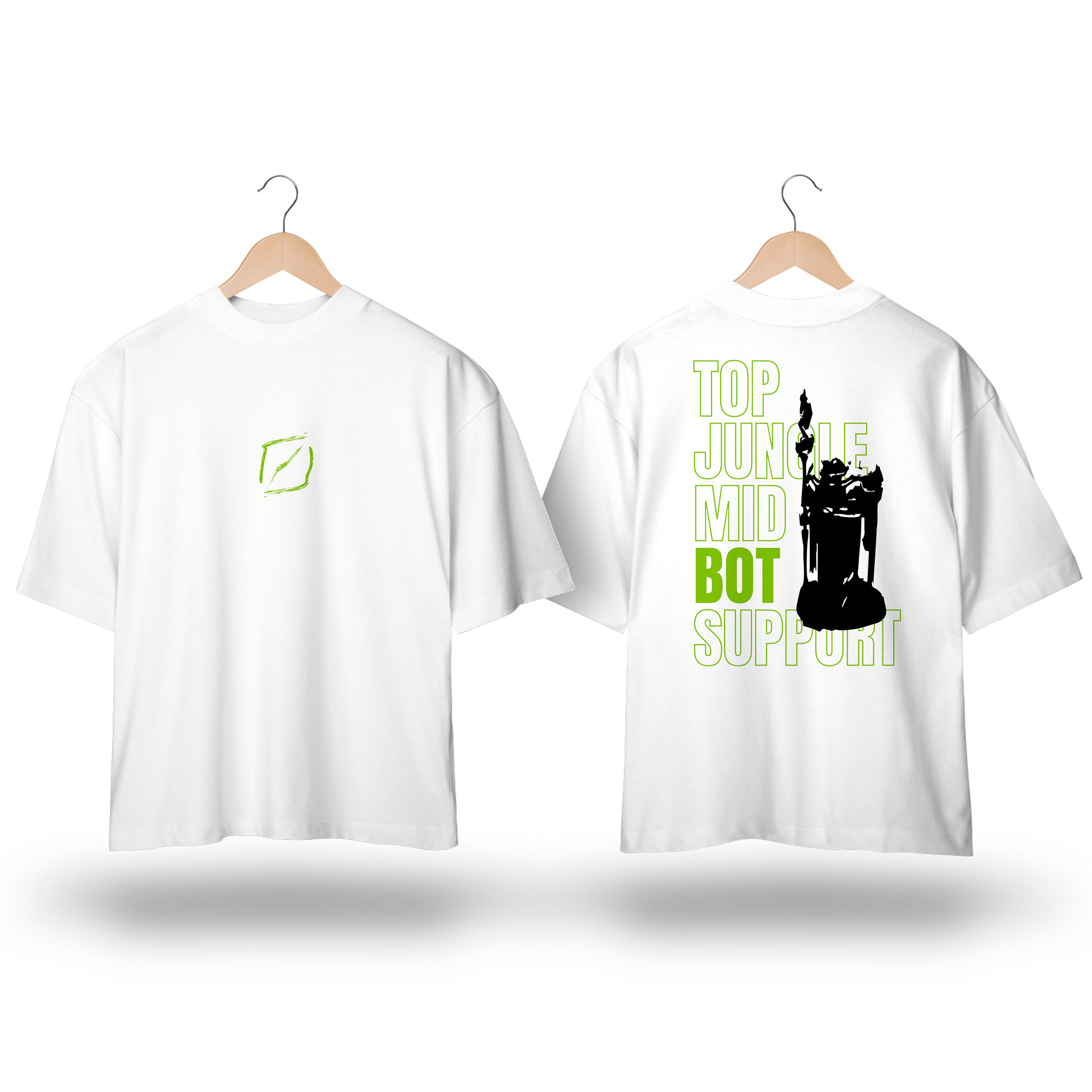 Camiseta Oversized TMS - Estampa inspirada no jogo LoL com estampa BOT lane verde e preto