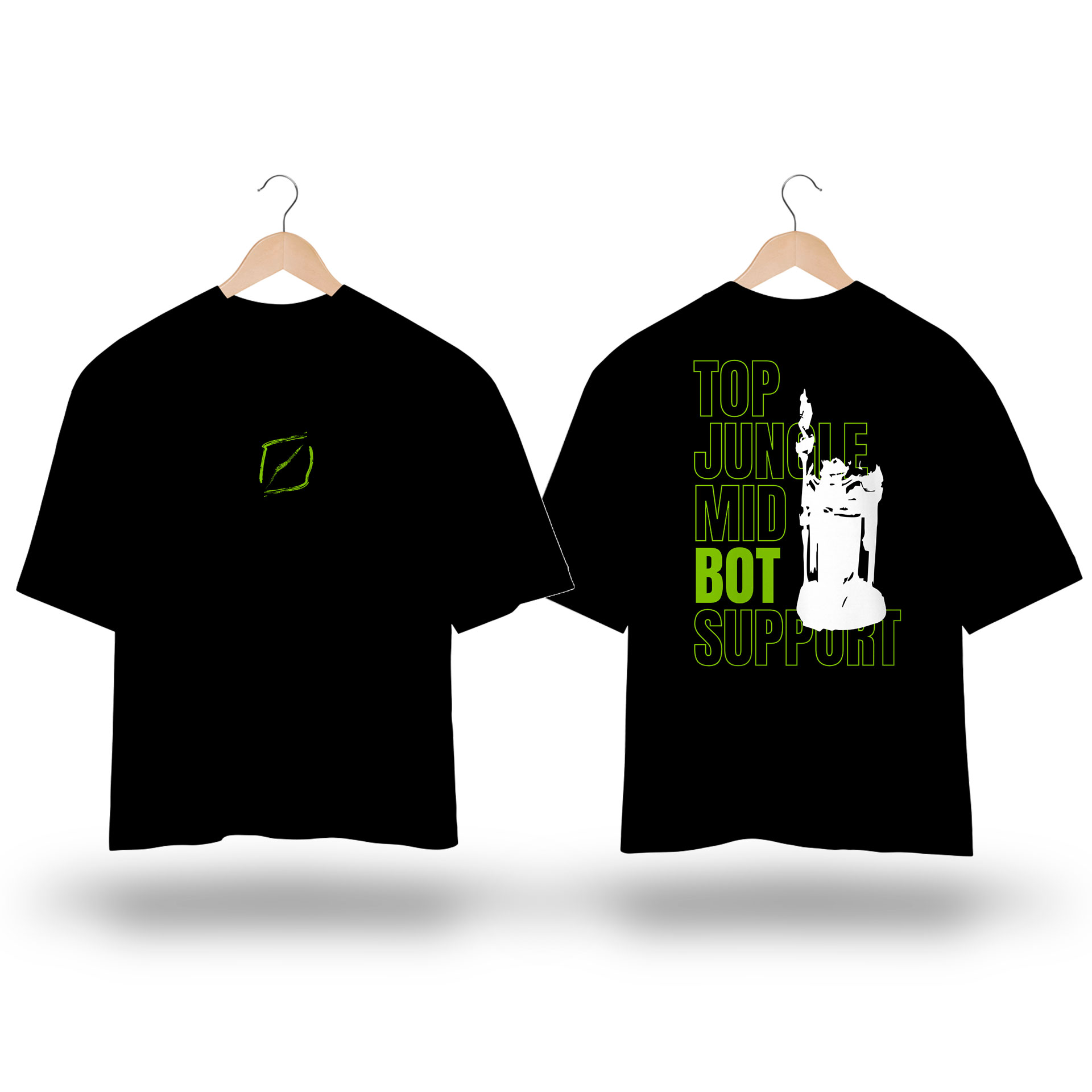 Camiseta Oversized TMS - Estampa inspirada no jogo LoL com estampa BOT lane verde e branco