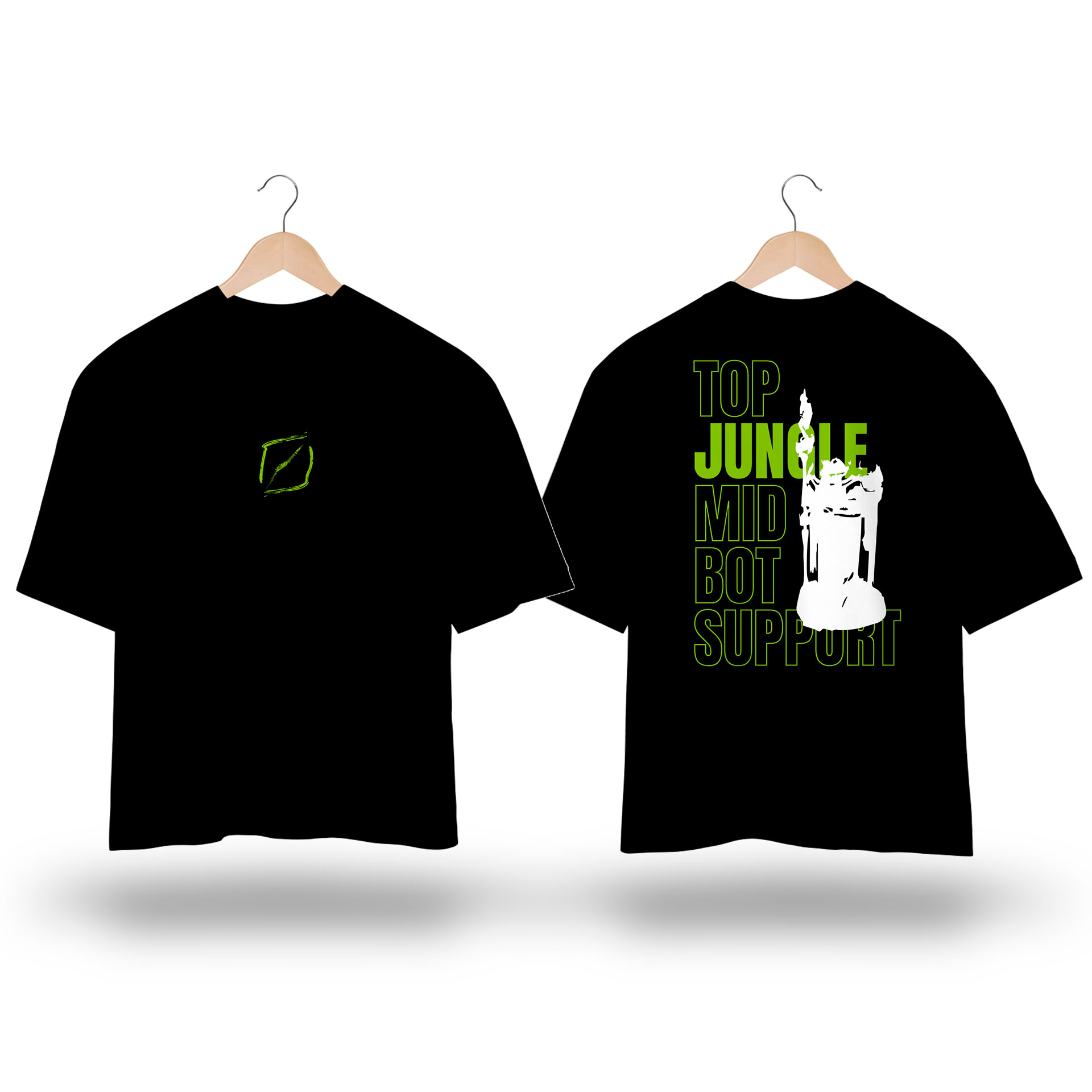 Camiseta Oversized TMS - Estampa inspirada no jogo LoL com estampa JUNGLE lane verde e branco
