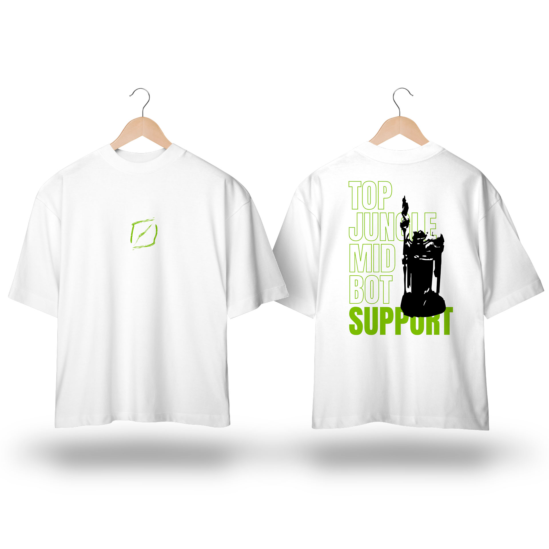 Camiseta Oversized TMS - Estampa inspirada no jogo LoL com estampa SUPPORT lane verde e preto