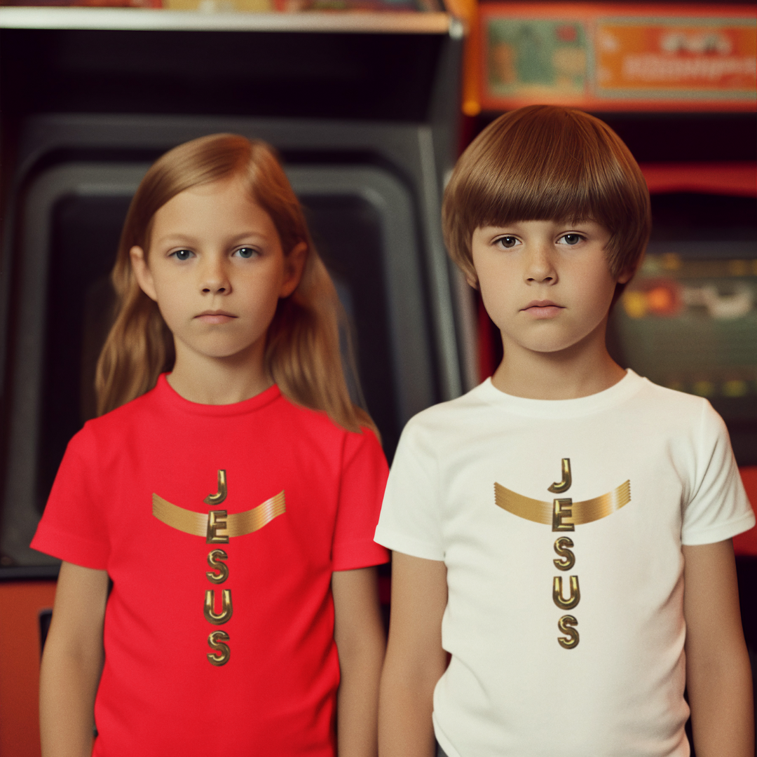 CAMISA INFANTIL DOURADA JESUS EM CRUZ 10 a 14 ANOS ( varias cores )