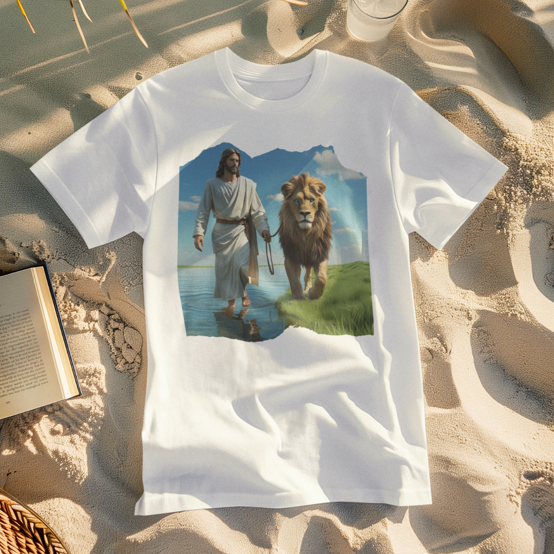 CAMISA QUALITY JESUS CAMINHANDO NA AGUA COM LEÃO
