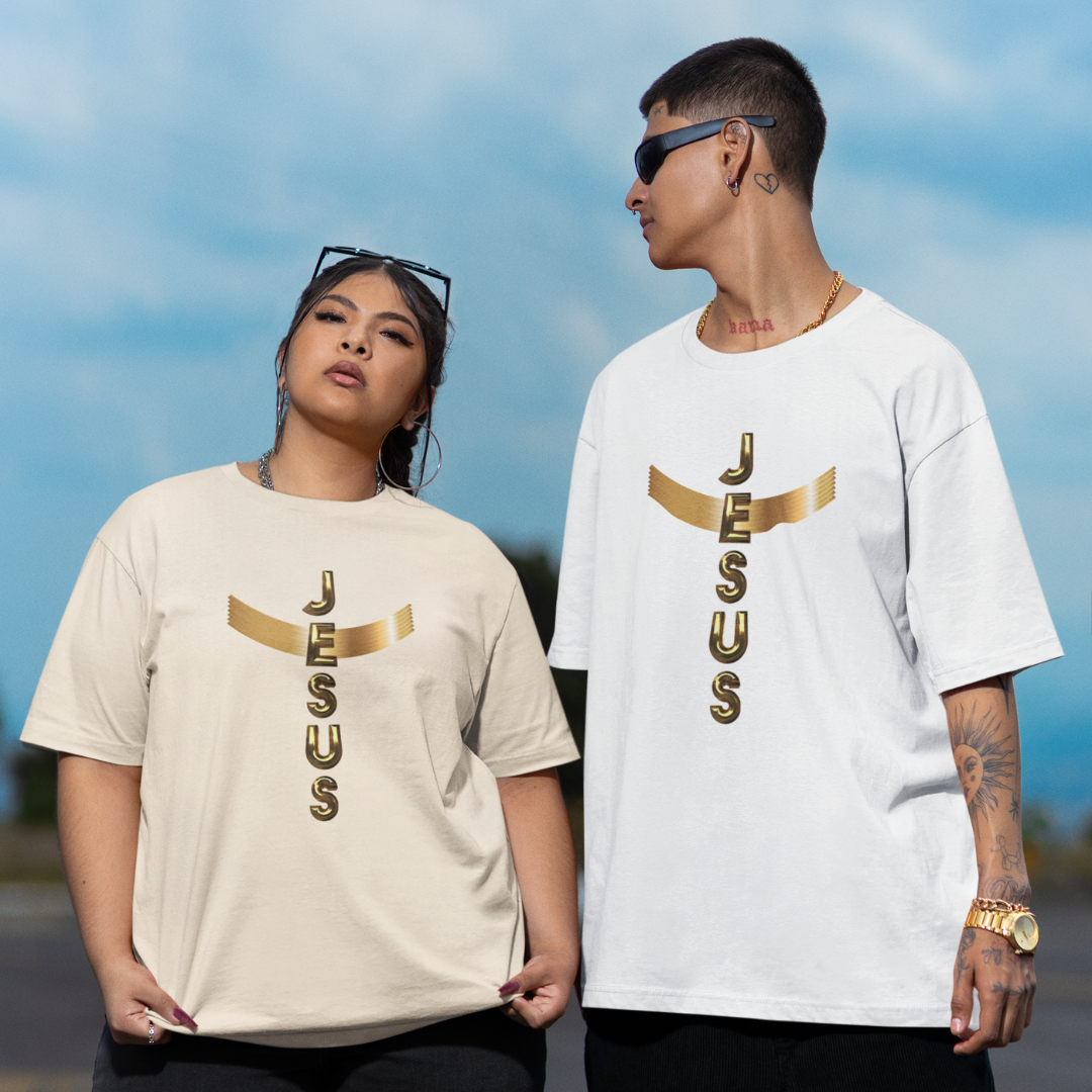 CAMISA OVERSIZED DOURADA JESUS EM CRUZ ( varias cores )
