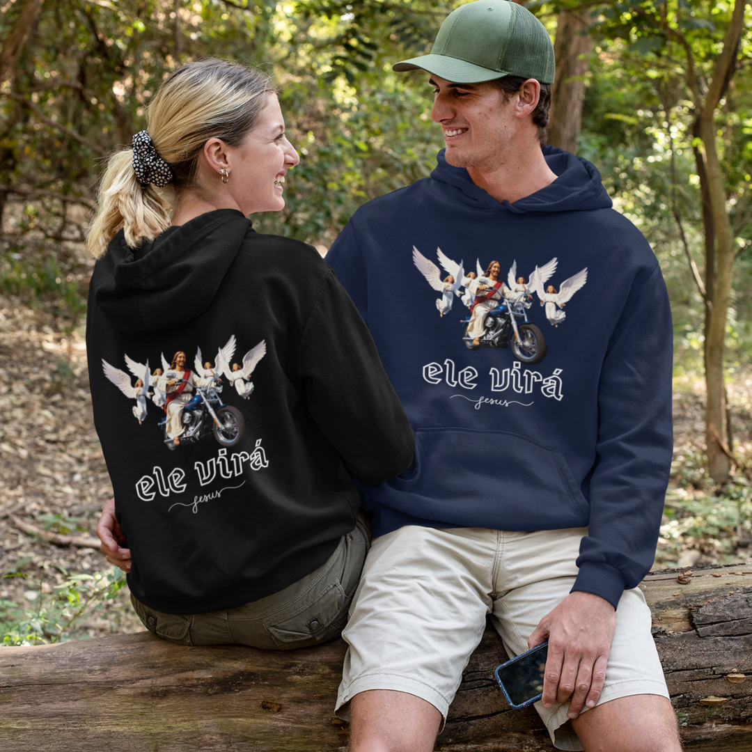 MOLETOM PRIME CANGURU JESUS NA MOTO ELE VIRÁ  02 ( FRENTE e COSTAS  varias cores )