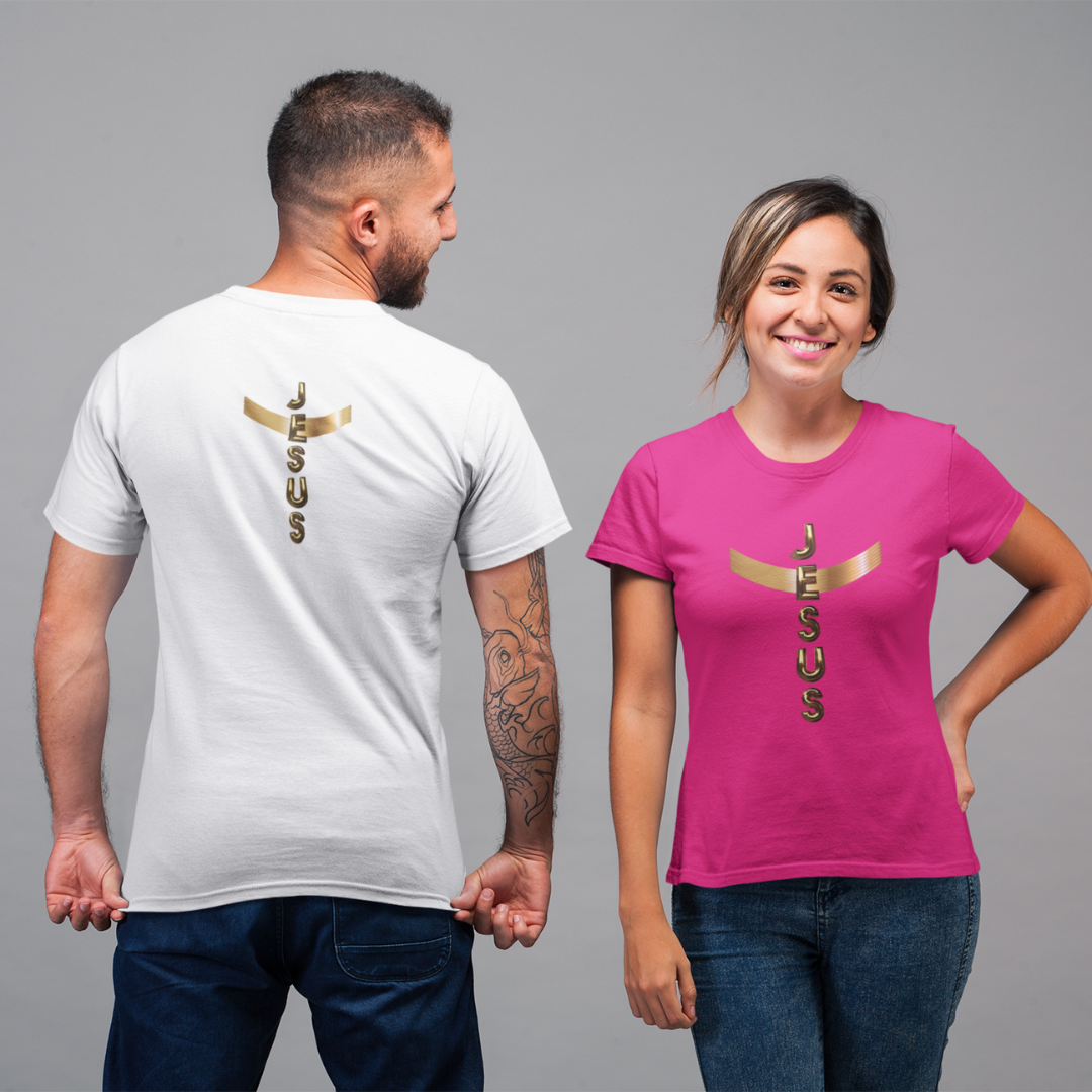 CAMISA QUALITY DOURADA JESUS EM CRUZ ( FRENTE e COSTAS -varias cores ) 