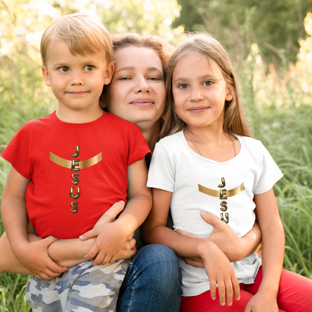 CAMISA INFANTIL DOURADA JESUS EM CRUZ 2 a 8 ANOS ( varias cores )