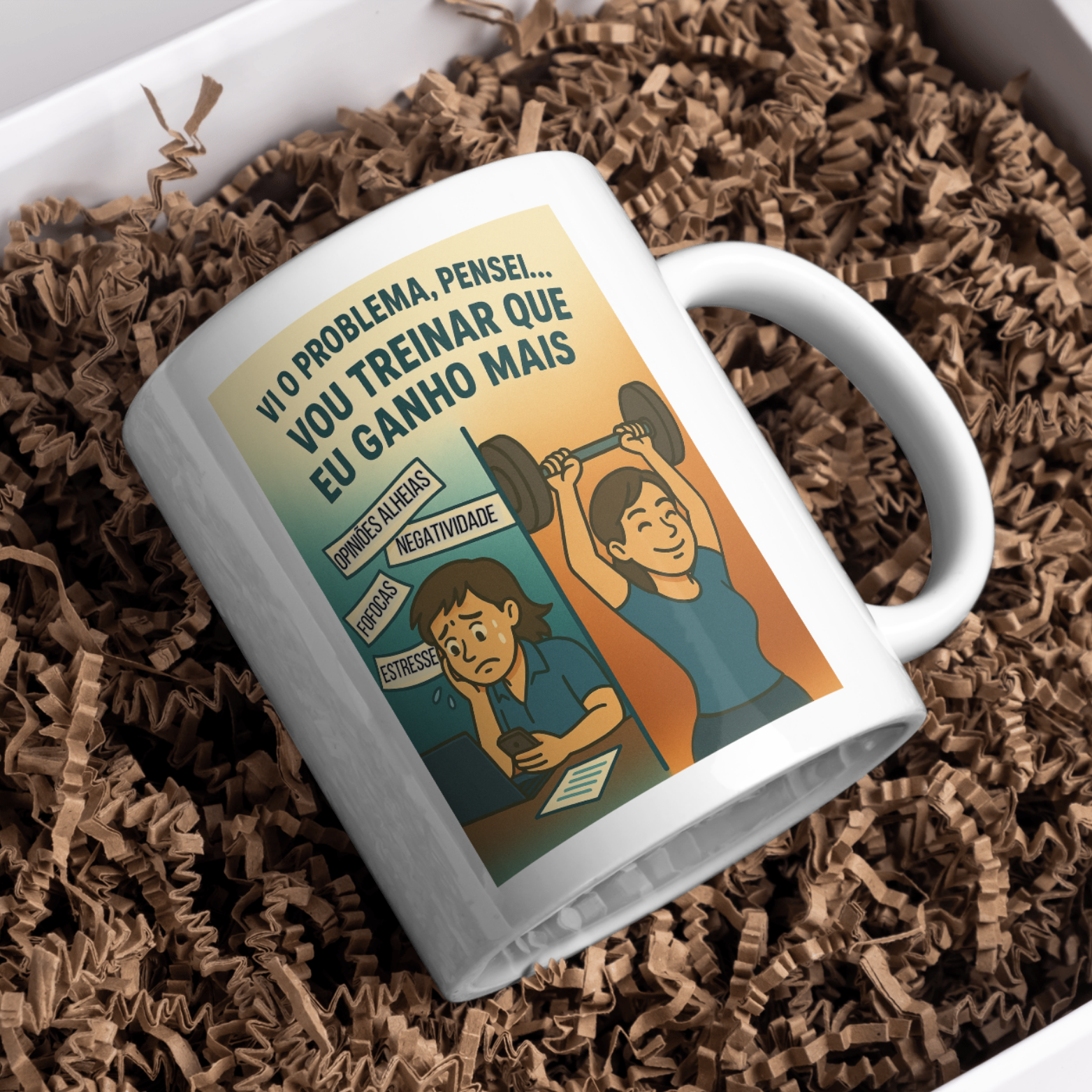 Caneca Oficial – Vi o Problema, Pensei... Vou Treinar Que Eu Ganho Mais! (Versão Feminina)