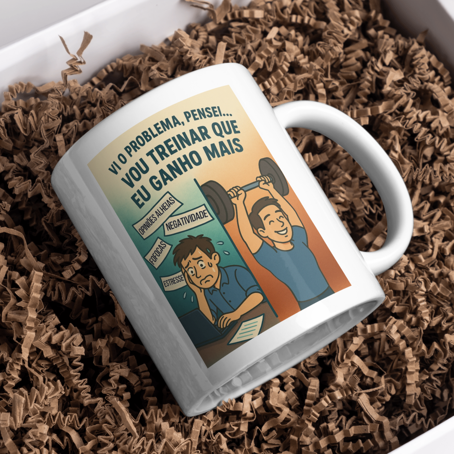 Caneca Oficial – Vi o Problema, Pensei... Vou Treinar Que Eu Ganho Mais! (Versão Masculina)