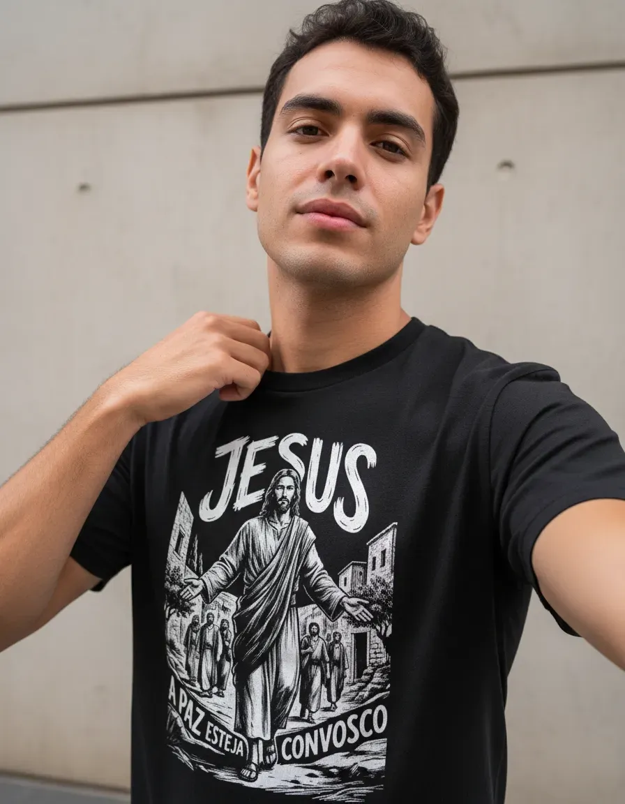 Camiseta Jesus Estampa Paz Esteja Convosco Fé Sacra