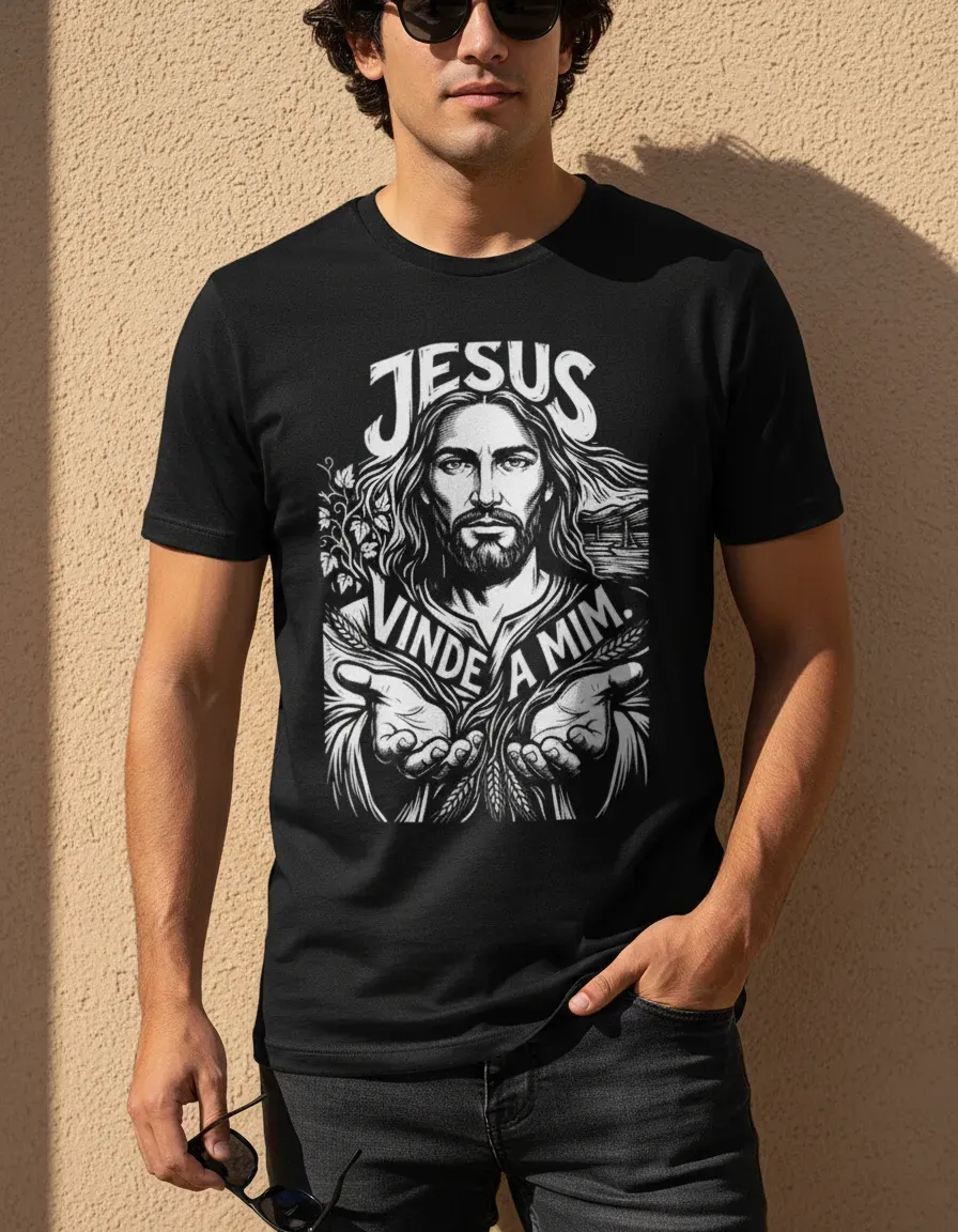 Camiseta Minimalista Jesus Vinde A Mim Estampa Sacra
