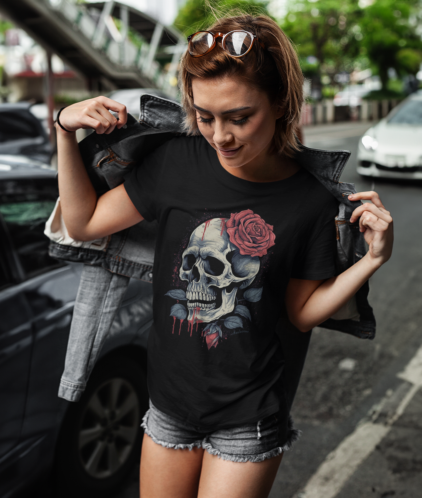 Camiseta Baby Long Skull Flowers